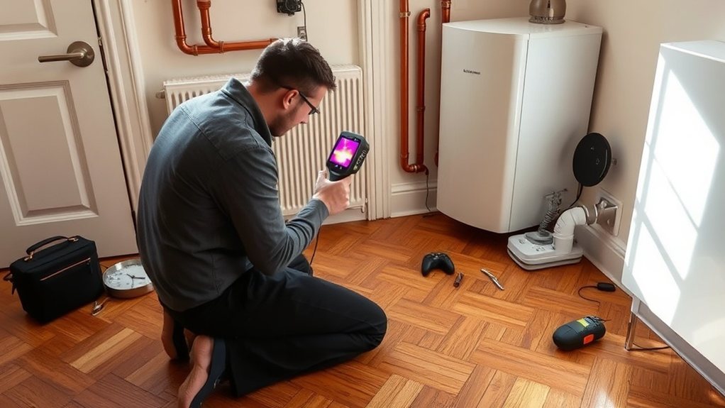 Engineer locating central heating leak using thermal imaging in Sydenham